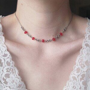 Gothic red and silver choker necklace with a small silver chain